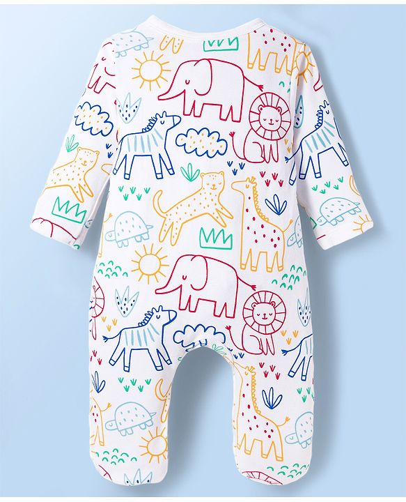 Babyhug Cotton Knit Full Sleeves Footed Sleepsuit With Animal Print - White
