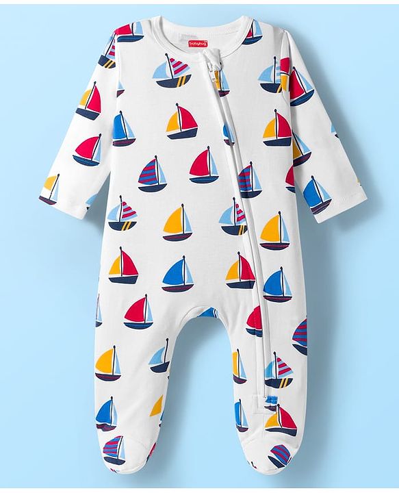 Babyhug Cotton Knit Full Sleeves Footed Sleepsuit With Nautical Theme Print - White