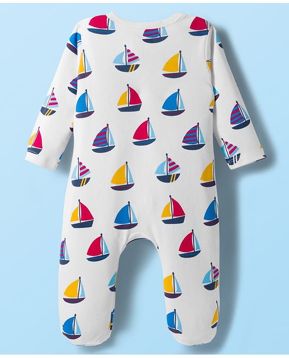 Babyhug Cotton Knit Full Sleeves Footed Sleepsuit With Nautical Theme Print - White