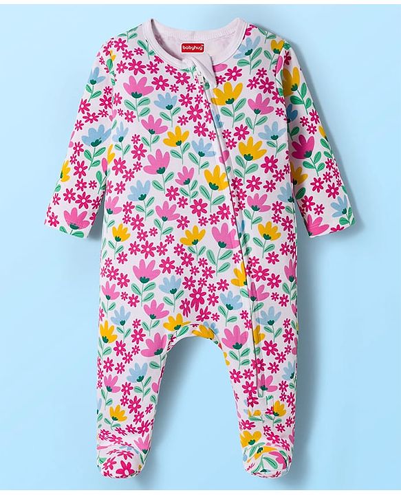 Babyhug Cotton Knit Full Sleeves Footed Sleepsuit With Floral Print - White & Pink