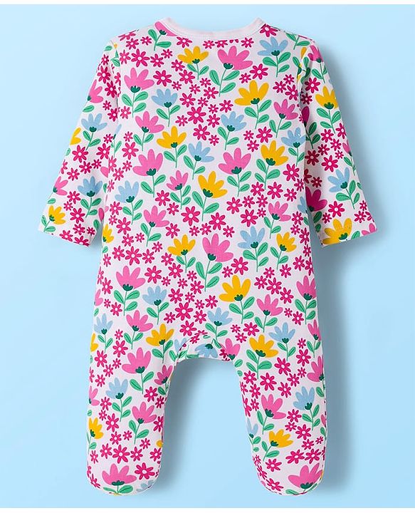 Babyhug Cotton Knit Full Sleeves Footed Sleepsuit With Floral Print - White & Pink