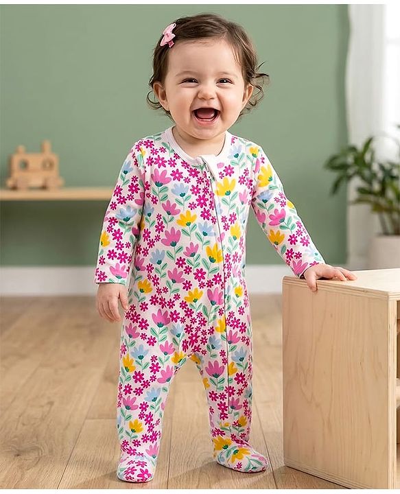 Babyhug Cotton Knit Full Sleeves Footed Sleepsuit With Floral Print - White & Pink