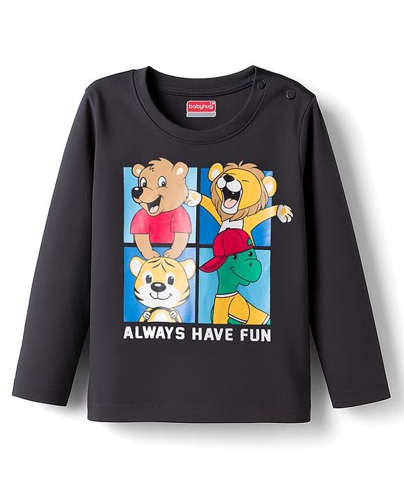 Babyhug 100% Cotton Knit Full Sleeves T-Shirt with Animal Print - Charcoal Grey