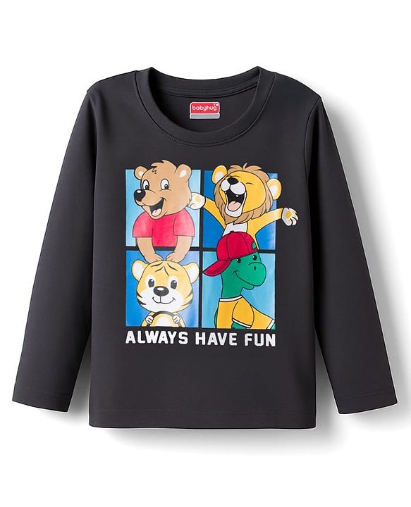 Babyhug 100% Cotton Knit Full Sleeves T-Shirt with Animal Print - Charcoal Grey