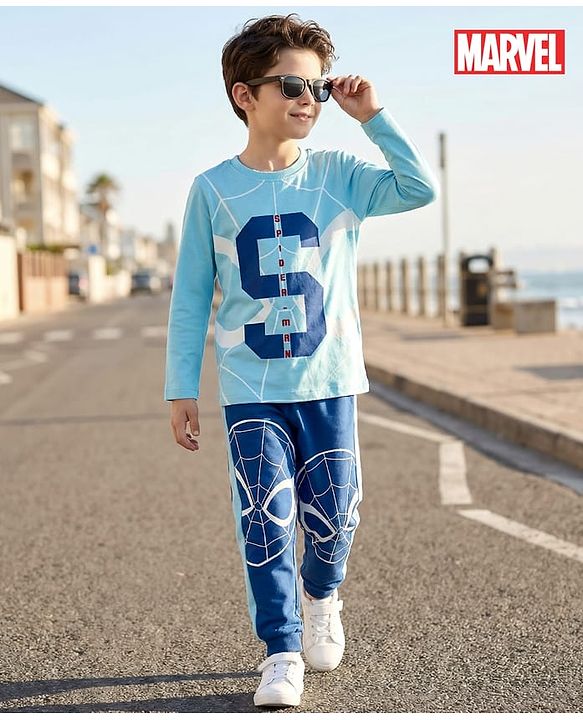 Pine Kids Marvel Single Jersey Knit Full Sleeves T-Shirt & Joggers Set with Spider Man Graphic - Blue