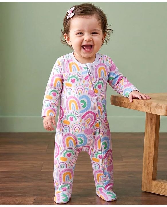 Babyhug Cotton Knit Full Sleeves Sleepsuit With Rainbow Print - White