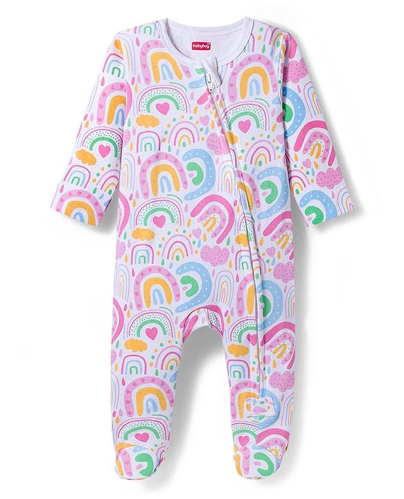 Babyhug Cotton Knit Full Sleeves Sleepsuit With Rainbow Print - White