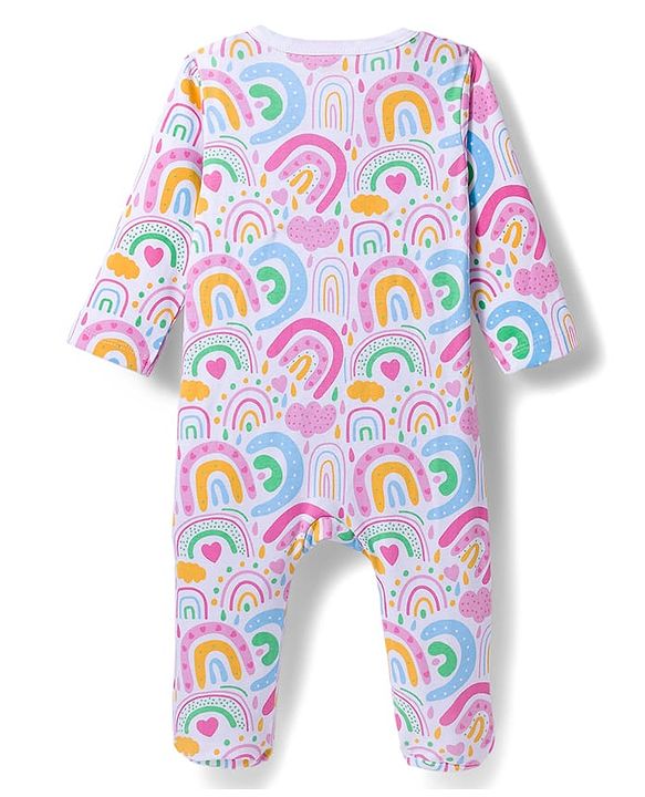 Babyhug Cotton Knit Full Sleeves Sleepsuit With Rainbow Print - White