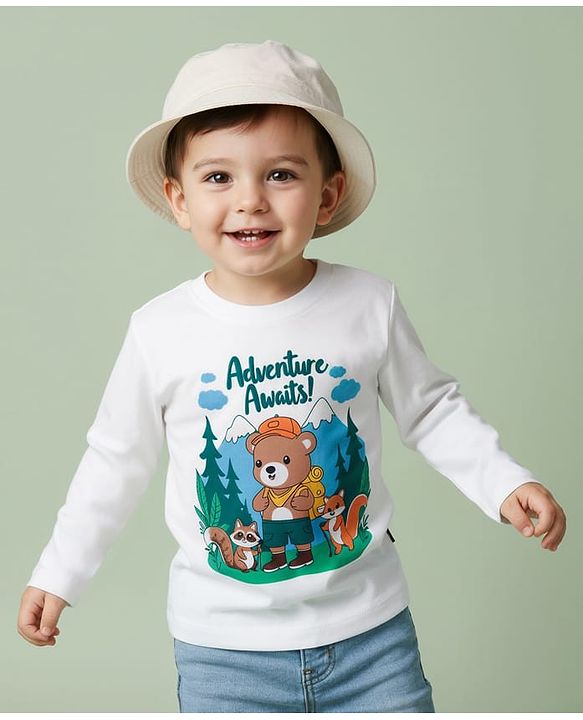 Babyhug 100% Cotton Knit Full Sleeves T-Shirt with Animal Print - White