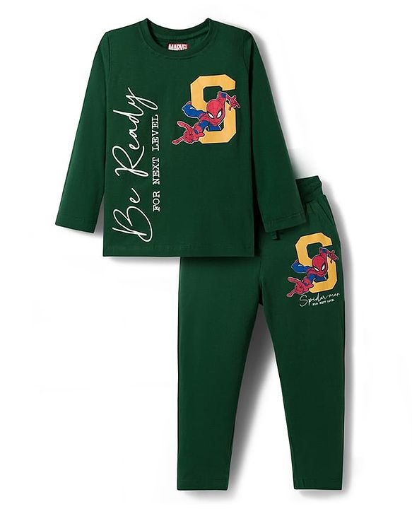 Pine Kids Marvel Single Jersey Knit Full Sleeves Night Suit With Spiderman Print - Green