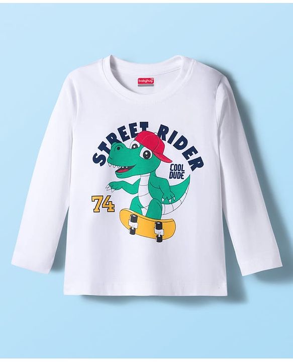 Babyhug 100% Cotton Knit Full Sleeves T-Shirt With Dino Print - White
