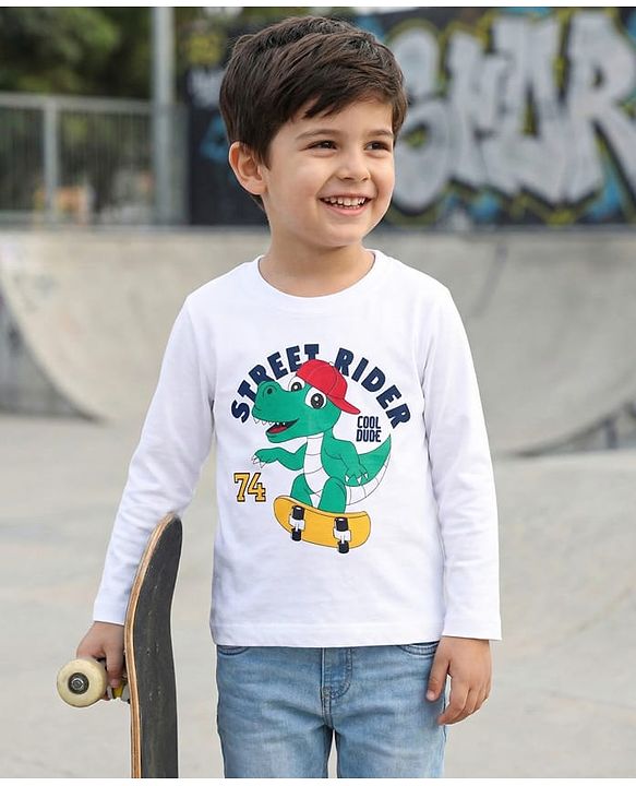 Babyhug 100% Cotton Knit Full Sleeves T-Shirt With Dino Print - White
