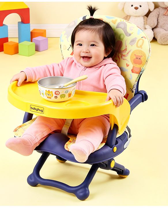 Babyhug 2 in 1 Kids Feeding Chair & Booster Chair with Removable Tray & Seat Cushion - Yellow| Adjustable Height| Safety Harness| Foldable Legs| Non Slip Base| Easy to Clean| Durable Built