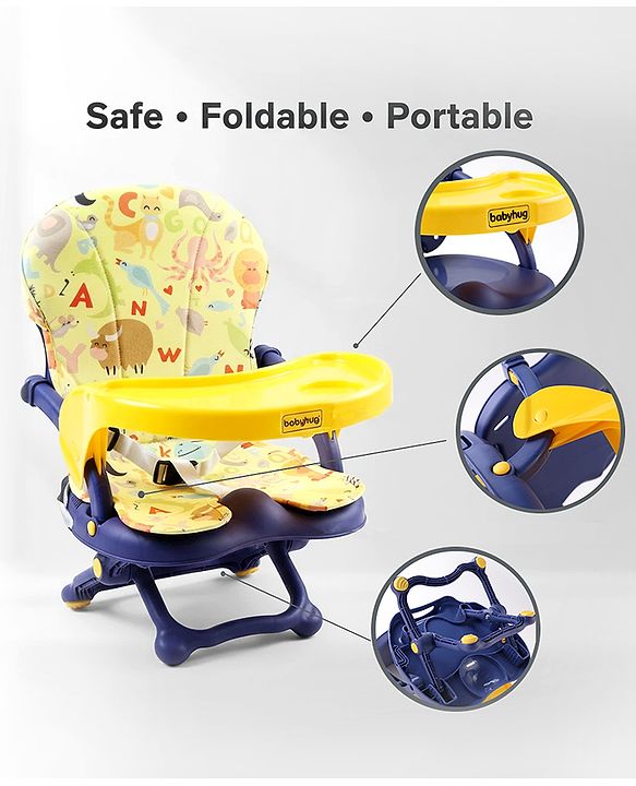 Babyhug 2 in 1 Kids Feeding Chair & Booster Chair with Removable Tray & Seat Cushion - Yellow| Adjustable Height| Safety Harness| Foldable Legs| Non Slip Base| Easy to Clean| Durable Built