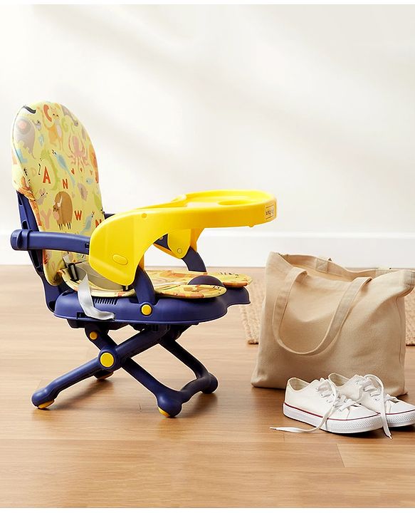 Babyhug 2 in 1 Kids Feeding Chair & Booster Chair with Removable Tray & Seat Cushion - Yellow| Adjustable Height| Safety Harness| Foldable Legs| Non Slip Base| Easy to Clean| Durable Built