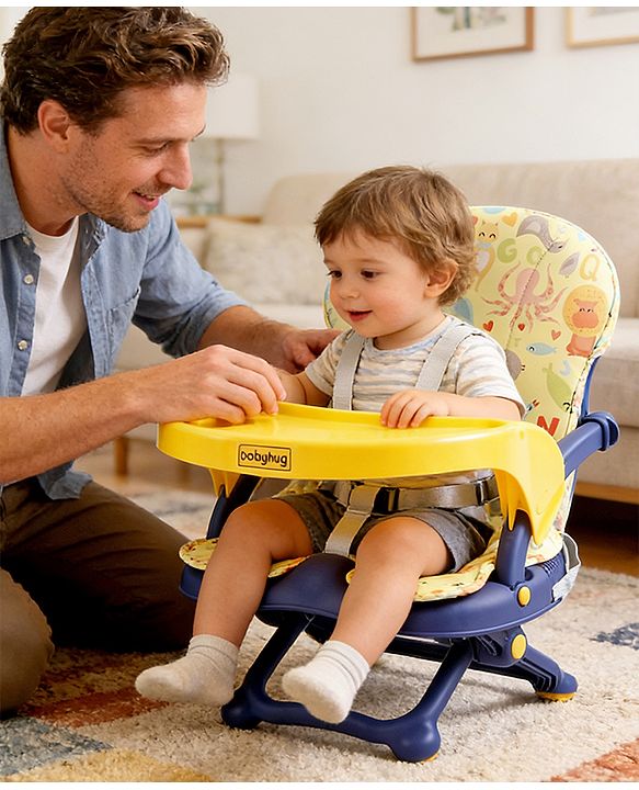 Babyhug 2 in 1 Kids Feeding Chair & Booster Chair with Removable Tray & Seat Cushion - Yellow| Adjustable Height| Safety Harness| Foldable Legs| Non Slip Base| Easy to Clean| Durable Built