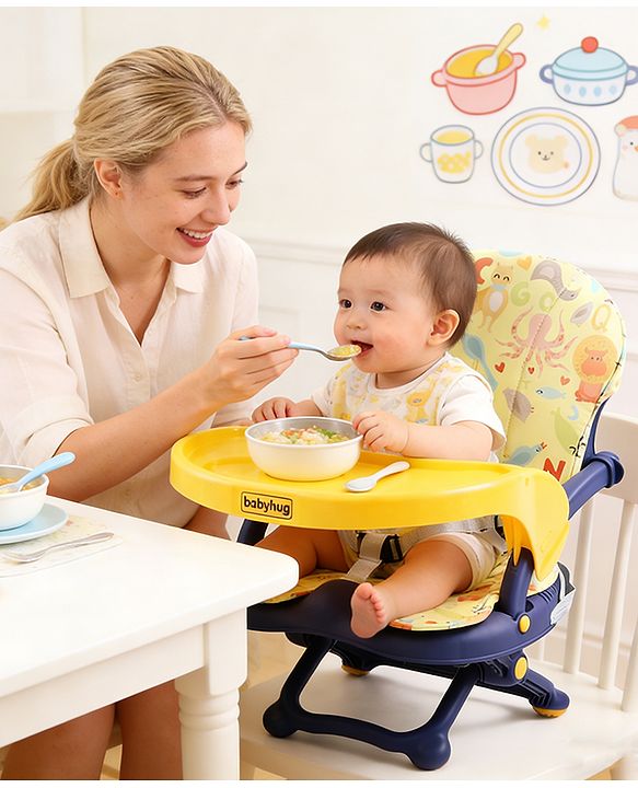 Babyhug 2 in 1 Kids Feeding Chair & Booster Chair with Removable Tray & Seat Cushion - Yellow| Adjustable Height| Safety Harness| Foldable Legs| Non Slip Base| Easy to Clean| Durable Built