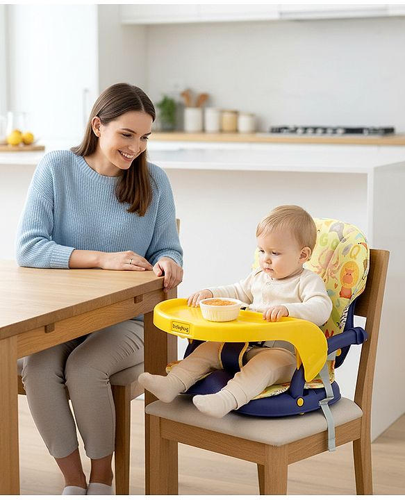 Babyhug 2 in 1 Kids Feeding Chair & Booster Chair with Removable Tray & Seat Cushion - Yellow| Adjustable Height| Safety Harness| Foldable Legs| Non Slip Base| Easy to Clean| Durable Built
