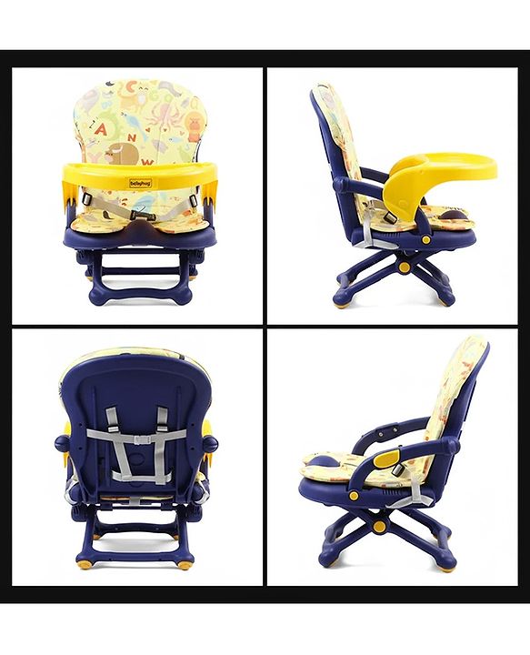 Babyhug 2 in 1 Kids Feeding Chair & Booster Chair with Removable Tray & Seat Cushion - Yellow| Adjustable Height| Safety Harness| Foldable Legs| Non Slip Base| Easy to Clean| Durable Built