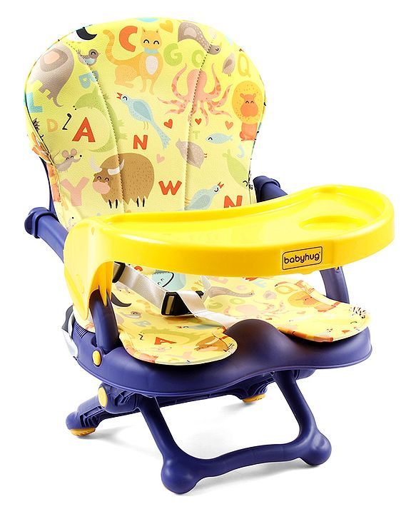 Babyhug 2 in 1 Kids Feeding Chair & Booster Chair with Removable Tray & Seat Cushion - Yellow| Adjustable Height| Safety Harness| Foldable Legs| Non Slip Base| Easy to Clean| Durable Built