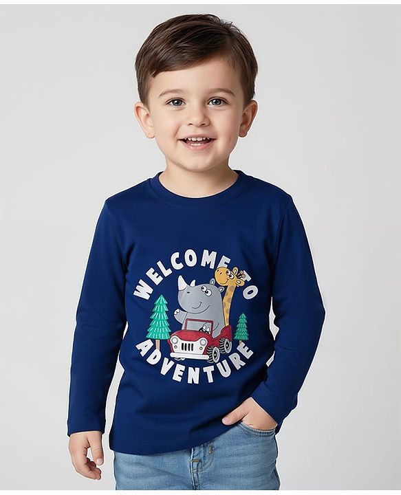 Babyhug 100% Cotton Knit Full Sleeves T-Shirt with Animal Print - Navy Blue