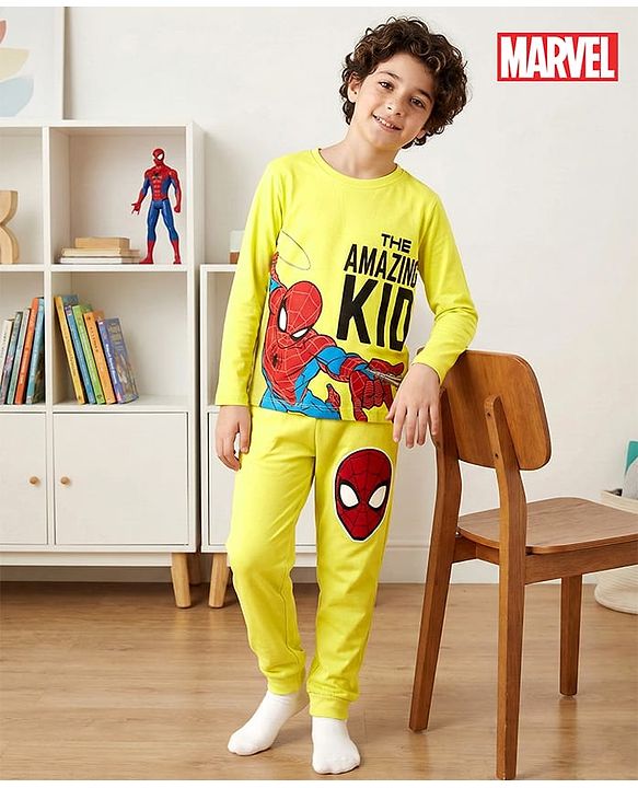 Pine Kids Marvel Single Jersey Knit Full Sleeves Night Suit With Text Print - Green