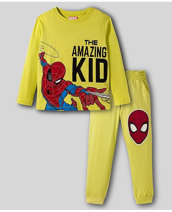 Pine Kids Marvel Single Jersey Knit Full Sleeves Night Suit With Text Print - Green