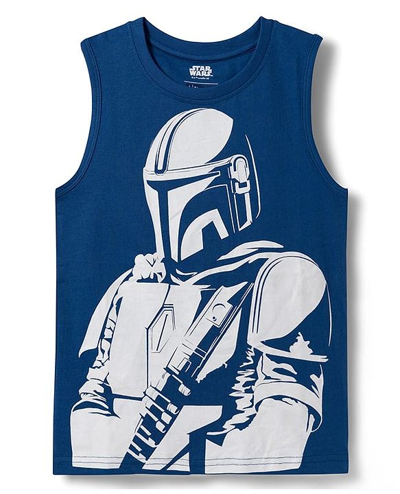 Pine Kids Lucas Single Jersey Knit Full Sleeve Printed Shirt and Sleeveless T-Shirt with Starwars Graphic - Light Blue & Blue