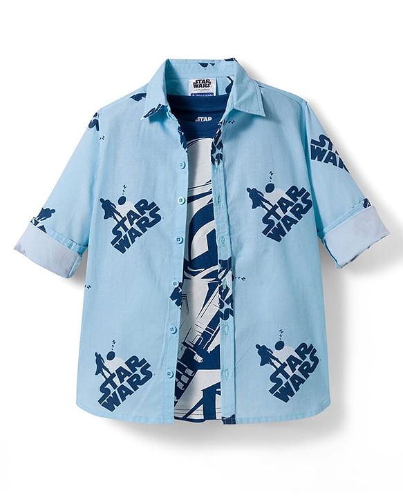 Pine Kids Lucas Single Jersey Knit Full Sleeve Printed Shirt and Sleeveless T-Shirt with Starwars Graphic - Light Blue & Blue
