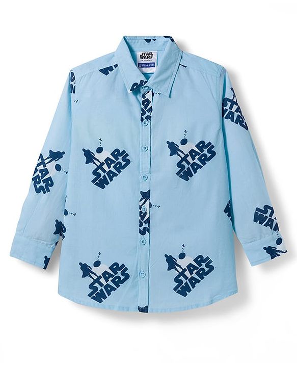 Pine Kids Lucas Single Jersey Knit Full Sleeve Printed Shirt and Sleeveless T-Shirt with Starwars Graphic - Light Blue & Blue