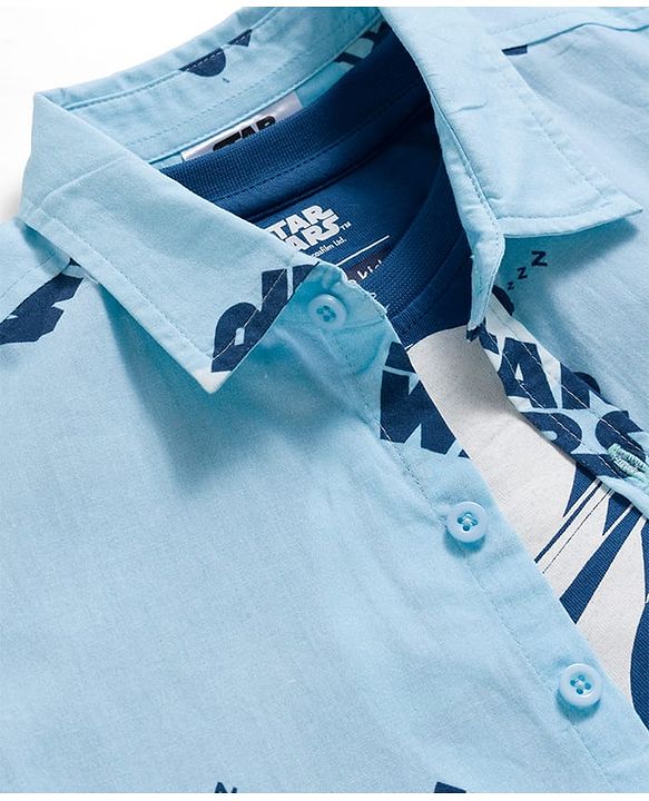 Pine Kids Lucas Single Jersey Knit Full Sleeve Printed Shirt and Sleeveless T-Shirt with Starwars Graphic - Light Blue & Blue