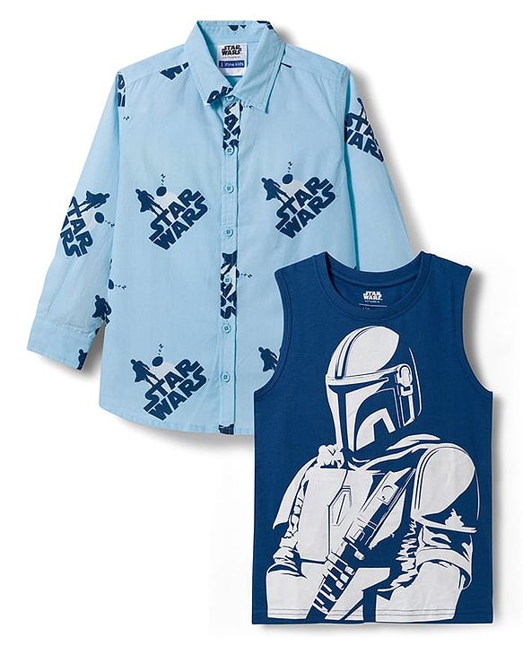 Pine Kids Lucas Single Jersey Knit Full Sleeve Printed Shirt and Sleeveless T-Shirt with Starwars Graphic - Light Blue & Blue