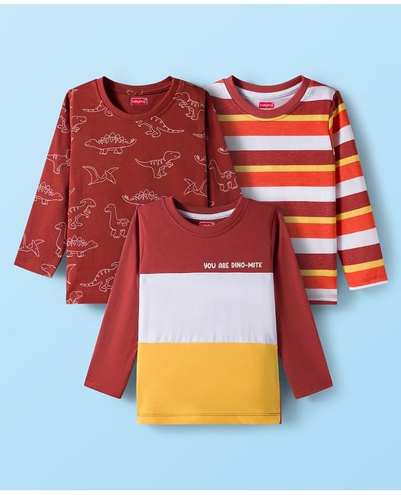 Babyhug 100% Cotton Knit Full Sleeves T-Shirts with Stripes & Animal Print Pack of 3 - White & Brown