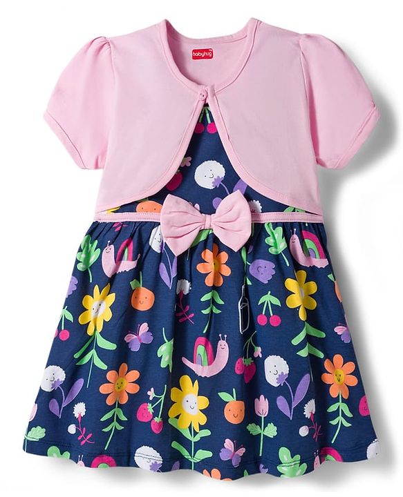 Babyhug Single Jersey Knit Floral Printed Frock with Half Sleeves Shrug & Bow Applique - Pink & Navy Blue