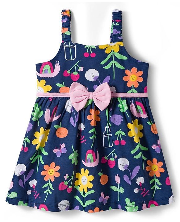 Babyhug Single Jersey Knit Floral Printed Frock with Half Sleeves Shrug & Bow Applique - Pink & Navy Blue