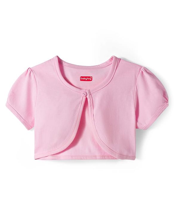 Babyhug Single Jersey Knit Floral Printed Frock with Half Sleeves Shrug & Bow Applique - Pink & Navy Blue