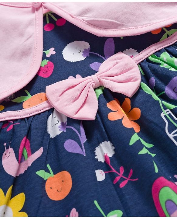 Babyhug Single Jersey Knit Floral Printed Frock with Half Sleeves Shrug & Bow Applique - Pink & Navy Blue