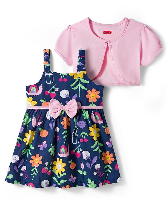 Babyhug Single Jersey Knit Floral Printed Frock with Half Sleeves Shrug & Bow Applique - Pink & Navy Blue