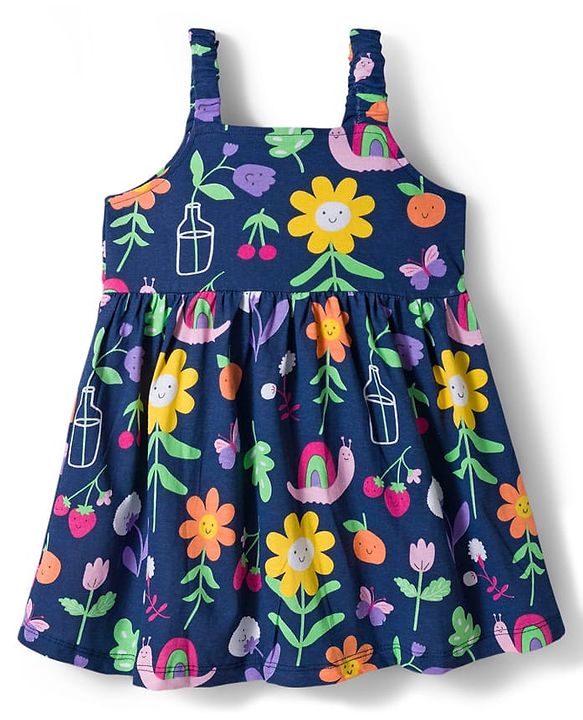 Babyhug Single Jersey Knit Floral Printed Frock with Half Sleeves Shrug & Bow Applique - Pink & Navy Blue