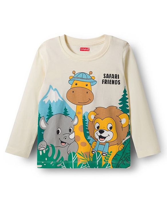 Babyhug 100% Cotton Knit Full Sleeves T-Shirt with Animal Print - Offwhite