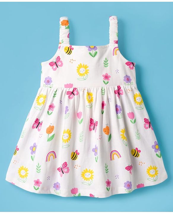 Babyhug Cotton Knit Half Sleeves Floral Printed Frock With Shrug - Pink & White