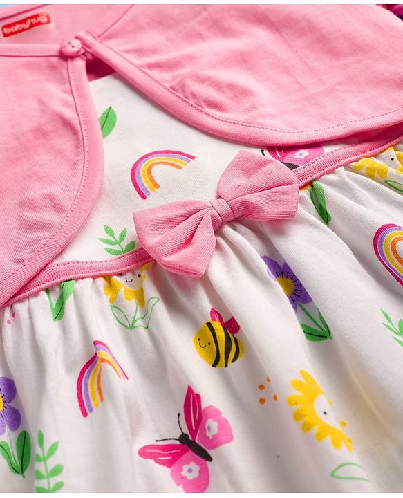 Babyhug Cotton Knit Half Sleeves Floral Printed Frock With Shrug - Pink & White