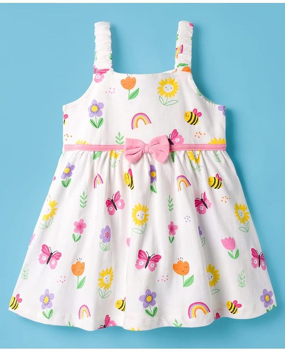 Babyhug Cotton Knit Half Sleeves Floral Printed Frock With Shrug - Pink & White