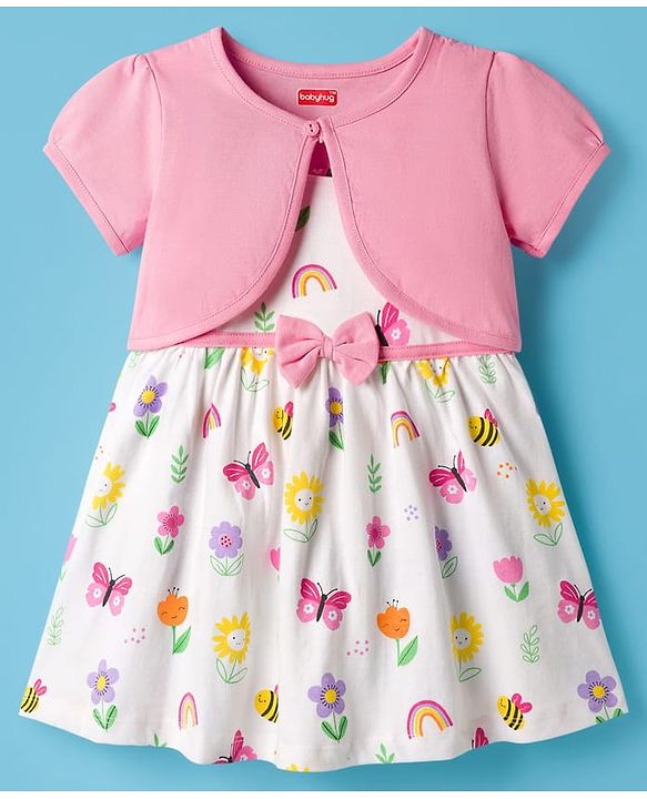 Babyhug Cotton Knit Half Sleeves Floral Printed Frock With Shrug - Pink & White