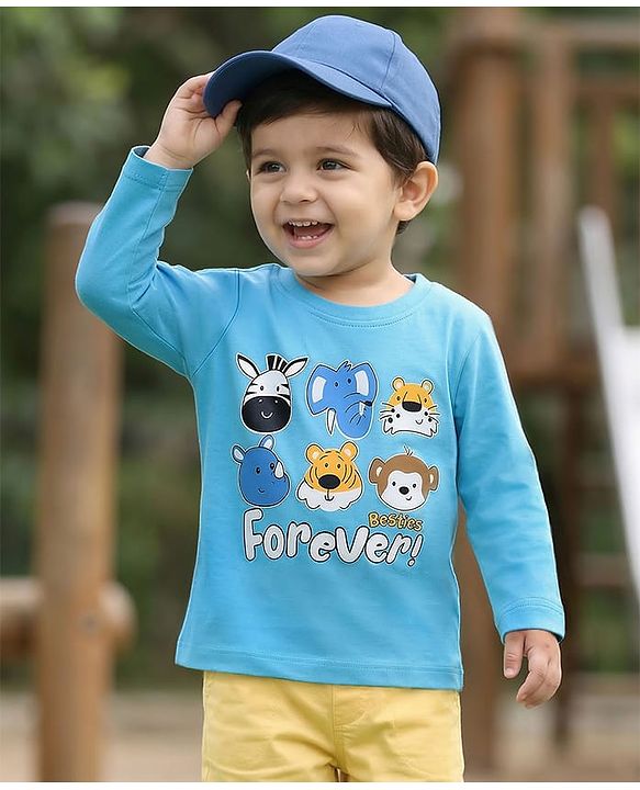 Babyhug 100% Cotton Knit Full Sleeves T-Shirt with Animal Print - Light Blue