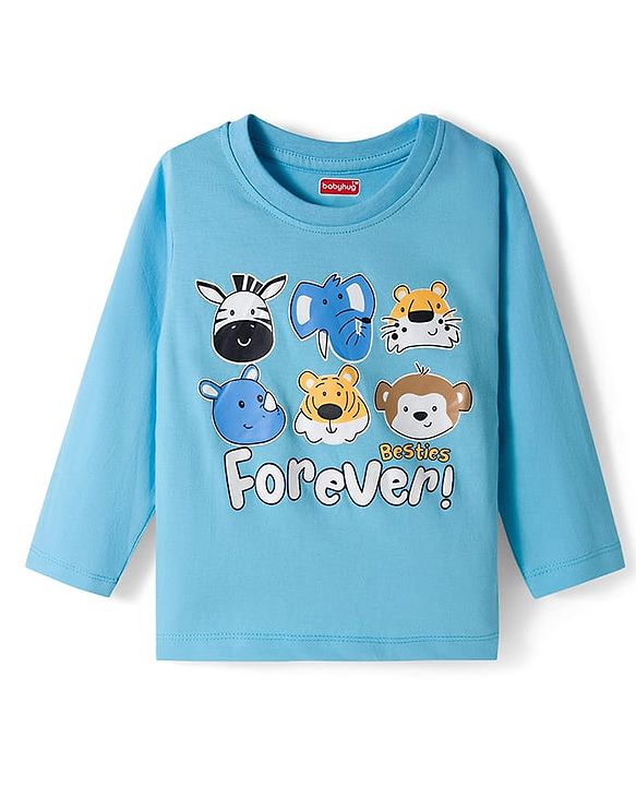 Babyhug 100% Cotton Knit Full Sleeves T-Shirt with Animal Print - Light Blue