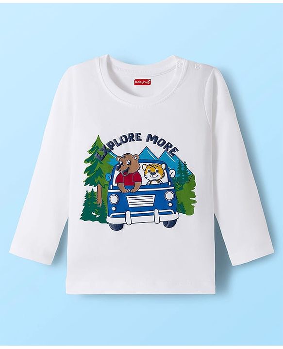 Babyhug 100% Cotton Knit Full Sleeves T-Shirt with Animal & Vehicle Print - White
