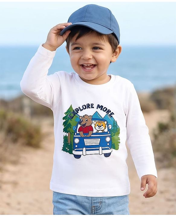 Babyhug 100% Cotton Knit Full Sleeves T-Shirt with Animal & Vehicle Print - White