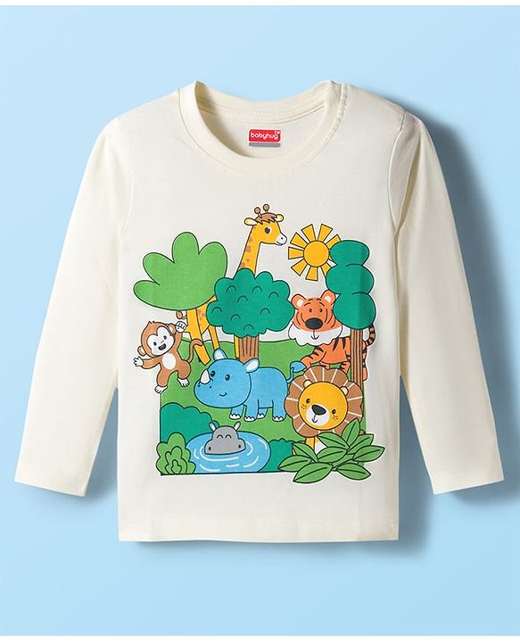 Babyhug 100% Cotton Knit Full Sleeves T-Shirt with Animal & Jungle Print - Offwhite