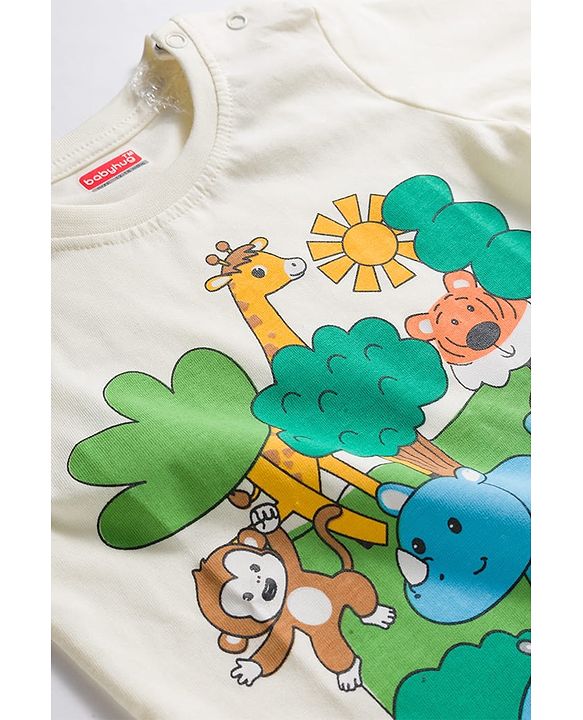 Babyhug 100% Cotton Knit Full Sleeves T-Shirt with Animal & Jungle Print - Offwhite